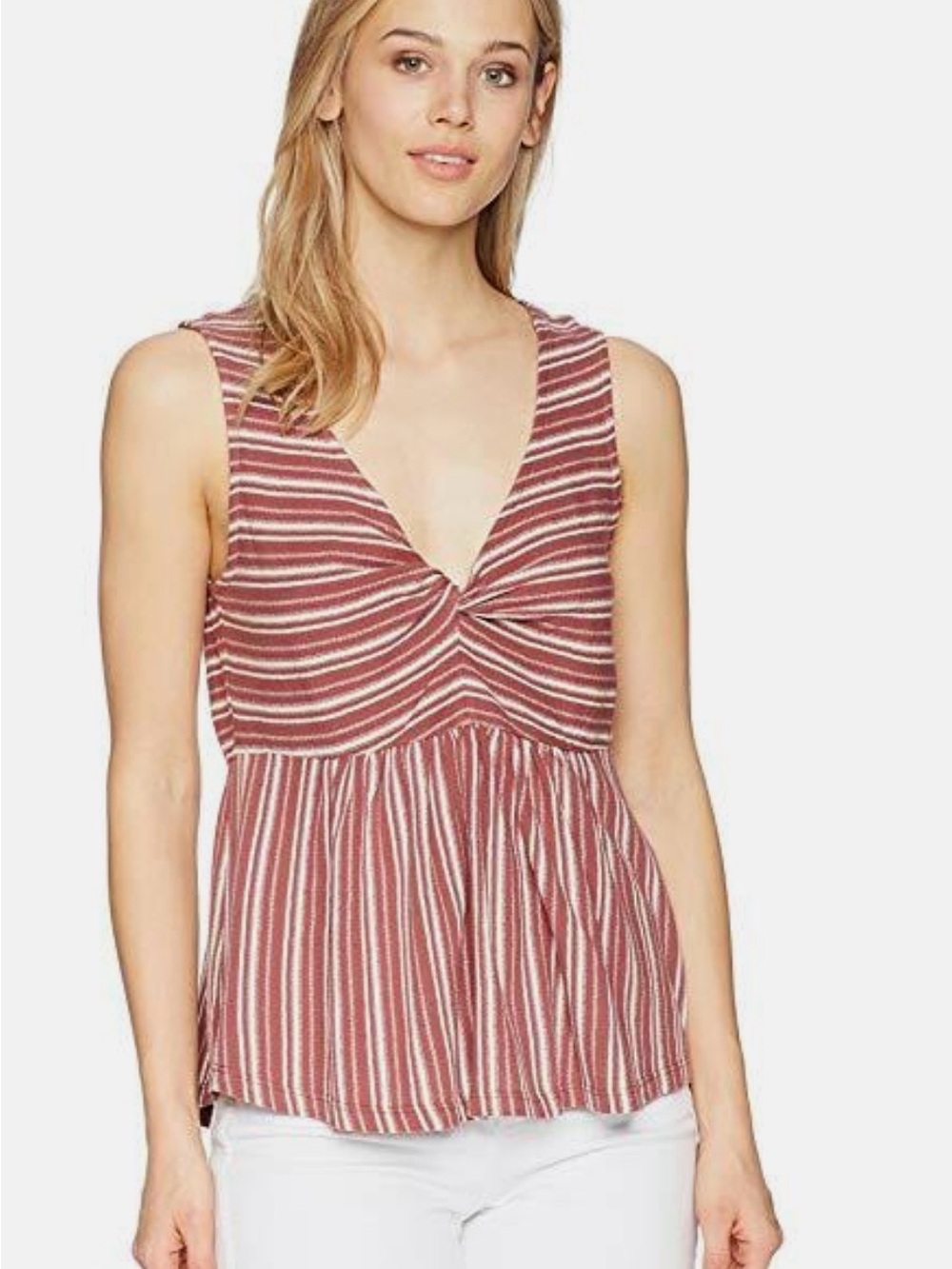 Lucky Brand Striped M Twist-Front Tank Top - Rose Pink and Cream